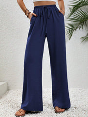 Solid Color Elastic Waist Casual Wide Legs Pants