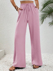 Solid Color Elastic Waist Casual Wide Legs Pants