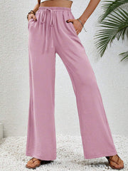 Solid Color Elastic Waist Casual Wide Legs Pants