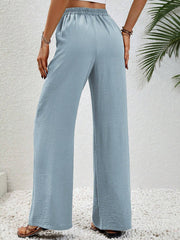 Solid Color Elastic Waist Casual Wide Legs Pants
