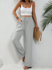 Solid Color Elastic Waist Casual Wide Legs Pants