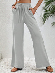 Solid Color Elastic Waist Casual Wide Legs Pants