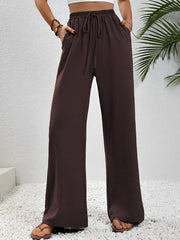 Solid Color Elastic Waist Casual Wide Legs Pants