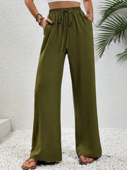 Solid Color Elastic Waist Casual Wide Legs Pants