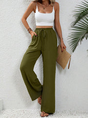 Solid Color Elastic Waist Casual Wide Legs Pants