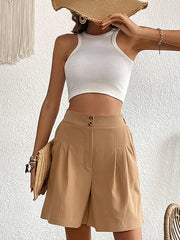 Solid Color High Waist Pleated Pocketed Shorts