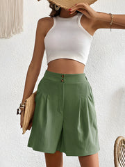 Solid Color High Waist Pleated Pocketed Shorts