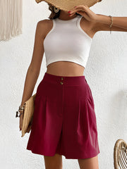 Solid Color High Waist Pleated Pocketed Shorts