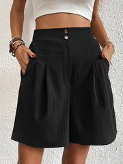 Solid Color High Waist Pleated Pocketed Shorts