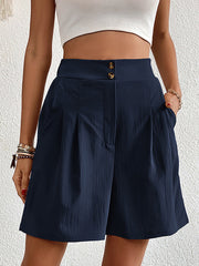 Solid Color High Waist Pleated Pocketed Shorts