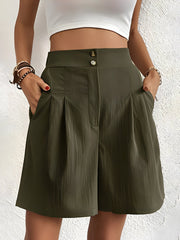 Solid Color High Waist Pleated Pocketed Shorts