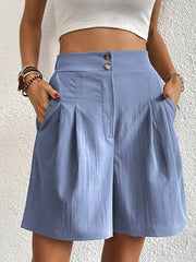 Solid Color High Waist Pleated Pocketed Shorts