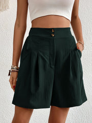 Solid Color High Waist Pleated Pocketed Shorts