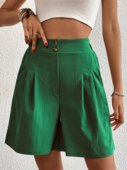 Solid Color High Waist Pleated Pocketed Shorts
