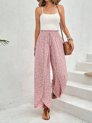 Versatile Ankle-Length Graphic Smocked Elastic Waist Wide Legs Pants