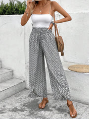 Versatile Ankle-Length Graphic Smocked Elastic Waist Wide Legs Pants