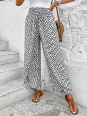 Versatile Ankle-Length Graphic Smocked Elastic Waist Wide Legs Pants