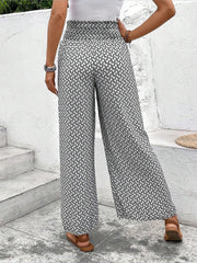 Versatile Ankle-Length Graphic Smocked Elastic Waist Wide Legs Pants
