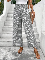 Versatile Ankle-Length Graphic Smocked Elastic Waist Wide Legs Pants