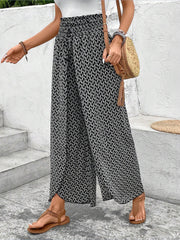 Versatile Ankle-Length Graphic Smocked Elastic Waist Wide Legs Pants