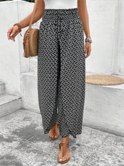 Versatile Ankle-Length Graphic Smocked Elastic Waist Wide Legs Pants