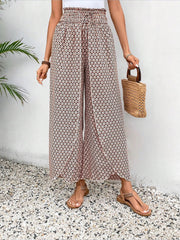 Versatile Ankle-Length Graphic Smocked Elastic Waist Wide Legs Pants