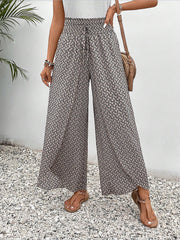 Versatile Ankle-Length Graphic Smocked Elastic Waist Wide Legs Pants