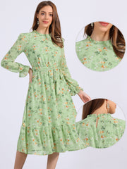 Floral Long Sleeve Belted Flowy Chiffon Midi Dress