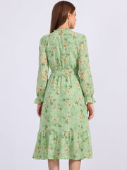 Floral Long Sleeve Belted Flowy Chiffon Midi Dress