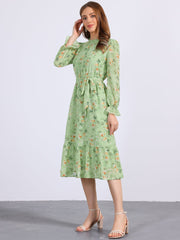 Floral Long Sleeve Belted Flowy Chiffon Midi Dress