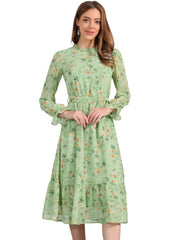 Floral Long Sleeve Belted Flowy Chiffon Midi Dress