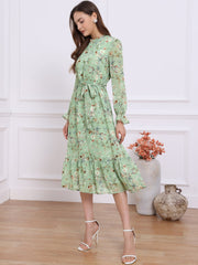 Floral Long Sleeve Belted Flowy Chiffon Midi Dress