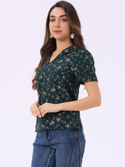 Short Sleeve Casual Cherry Print Notched Lapel Collar Shirt Blouse