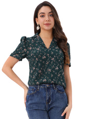 Short Sleeve Casual Cherry Print Notched Lapel Collar Shirt Blouse