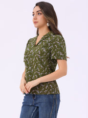 Short Sleeve Casual Cherry Print Notched Lapel Collar Shirt Blouse