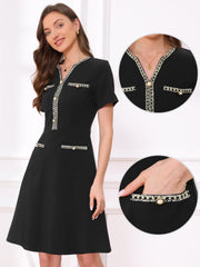 Notch Neck Short Sleeves Pockets Tweed Trim Dressy Office Dress