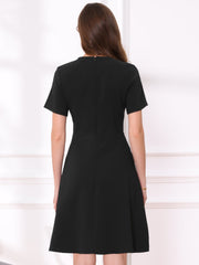 Notch Neck Short Sleeves Pockets Tweed Trim Dressy Office Dress