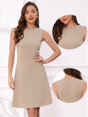 Solid Color Round Neck Sleeveless A-Line Work Midi Dress