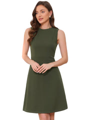 Round Neck Solid Color Sleeveless A-Line Work Midi Dress