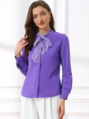 Tie Neck Contrast Color Button Down Long Sleeve Shirt