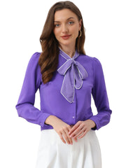 Tie Neck Contrast Color Button Down Long Sleeve Shirt