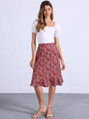 Floral Ruffle Elastic High Waist Button Flowy Split Midi Skirt