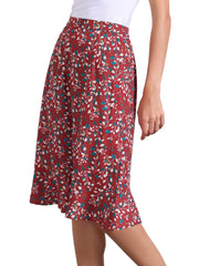 Floral Ruffle Elastic High Waist Button Flowy Split Midi Skirt