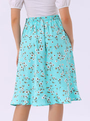 Floral Ruffle Elastic High Waist Button Flowy Split Midi Skirt