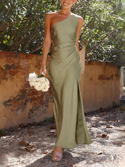 Luxurious Silky One Shoulder Sleeveless Slit Satin Maxi Dress for Weddings and Parties