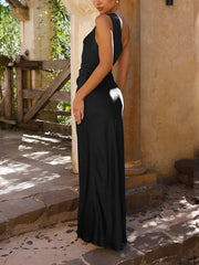Luxurious Silky One Shoulder Sleeveless Slit Satin Maxi Dress for Weddings and Parties