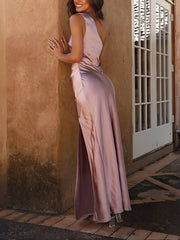 Luxurious Silky One Shoulder Sleeveless Slit Satin Maxi Dress for Weddings and Parties
