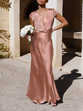 Satin V Neck Cap Sleeves Maxi Wedding Dress