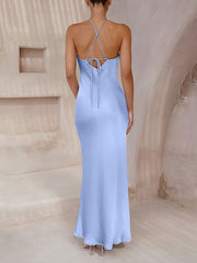Satin Halter Sleeveless Backless Wedding Maxi Dress