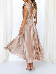 Elegant Deep V Neck Cap Sleeves Luxe Satin Pleated Midi Office Dress